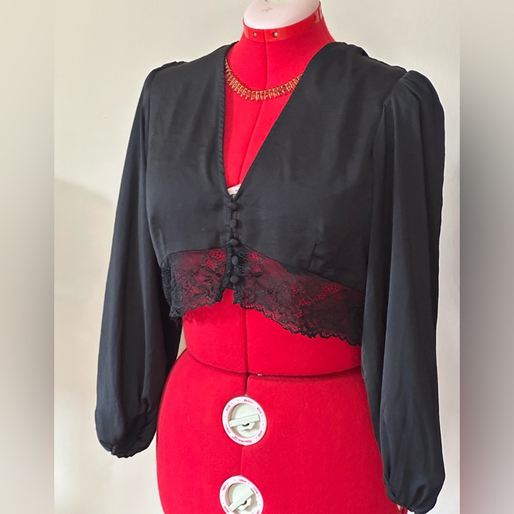 OPEN EDIT Black Lace Trim Blouse